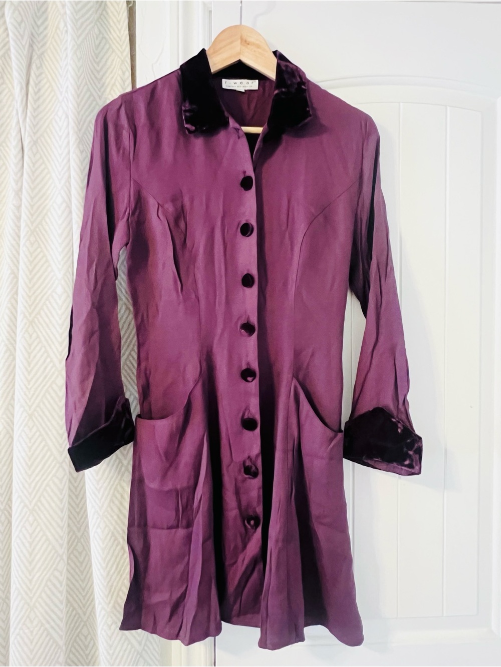 Vintage 1996 Silky Purple Longline Button Dress with Velvet Trim & Buttons Small